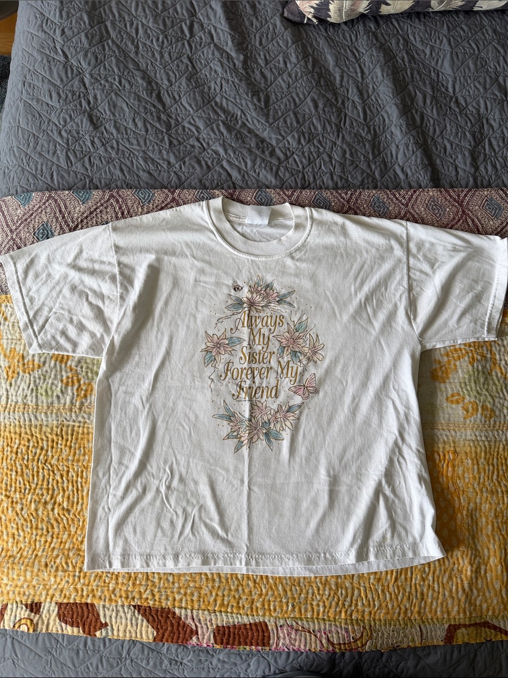 White 'Always My Sister, Forever My Friend' Vintage Floral Graphic Tee